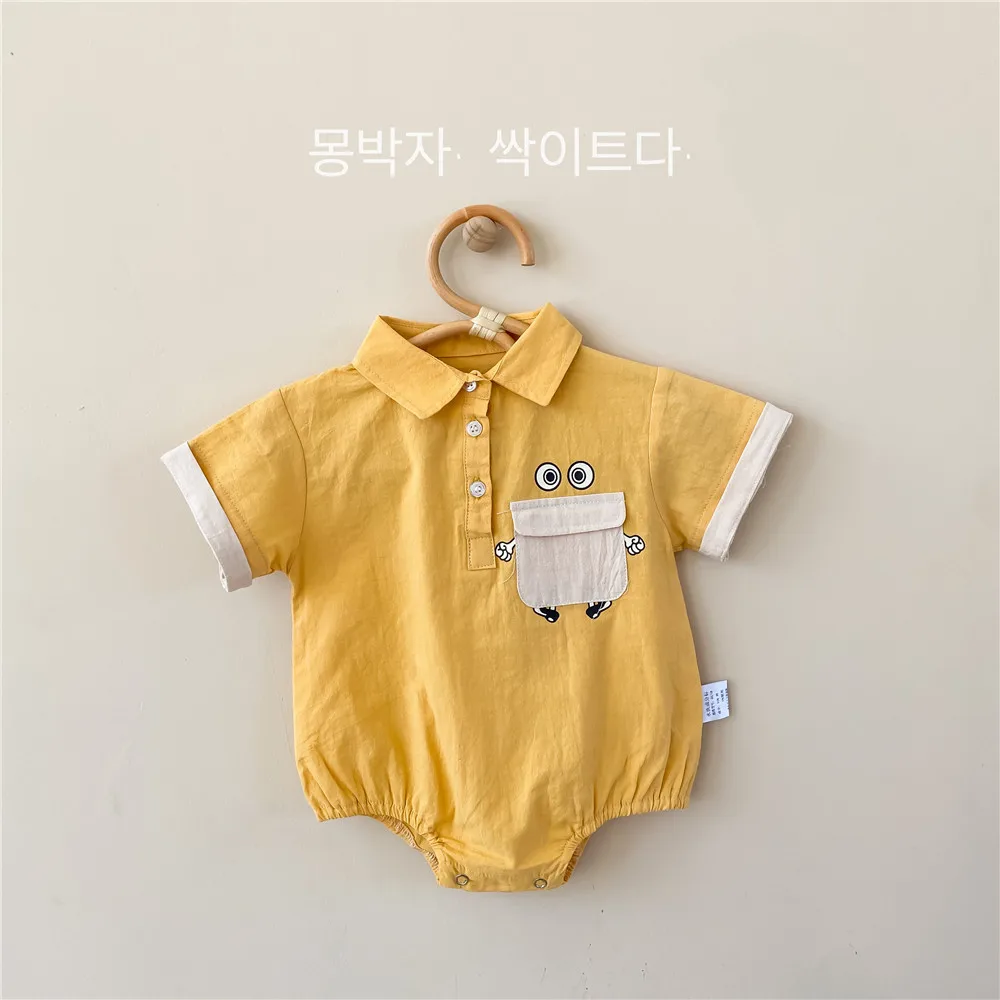 

2021 Newborn Baby Boy Girl Fashion Cute Pocket Stitching Cotton Short Sleeve Bodysuit Infant Casual Lapel Thin Bodysuits