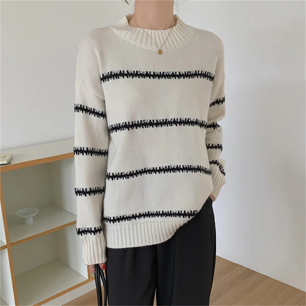 

동대문 Women Sweaters Streetwear Vintage Knitted Hot Office Lady 2021 Pullover Stripe Loose Jumpers Warm Soft New All Match