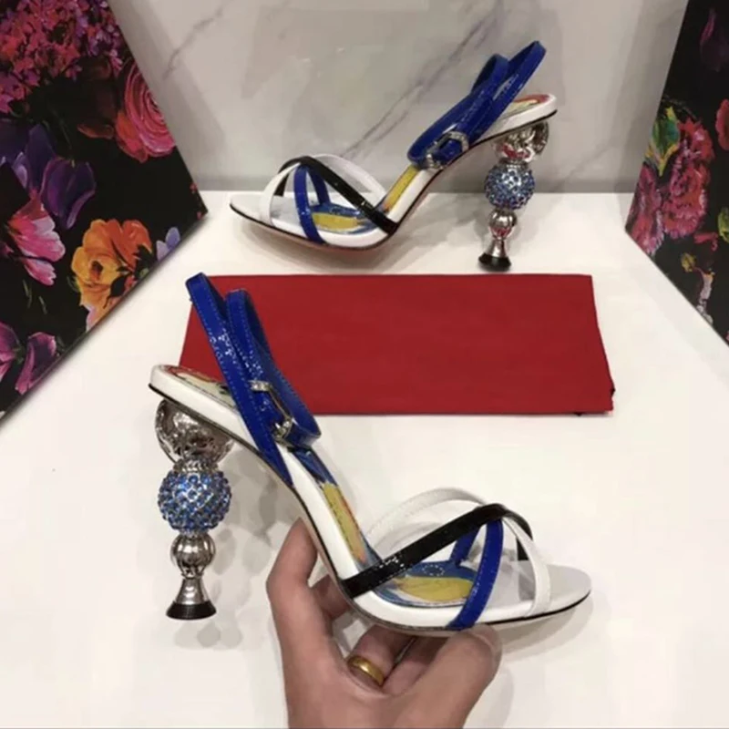 Женская обувь на высоком каблуке с открытым носком и кристаллами|Боссоножки