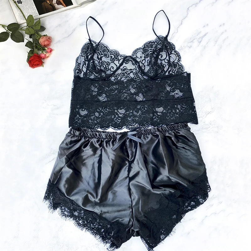 Two Piece Women 2020 Lace Pajama Set Sleeveless Crop Tops Elastic Bowknot Shorts Ladies 2pcs Sleepwear Home Clothes Nightie | Женская