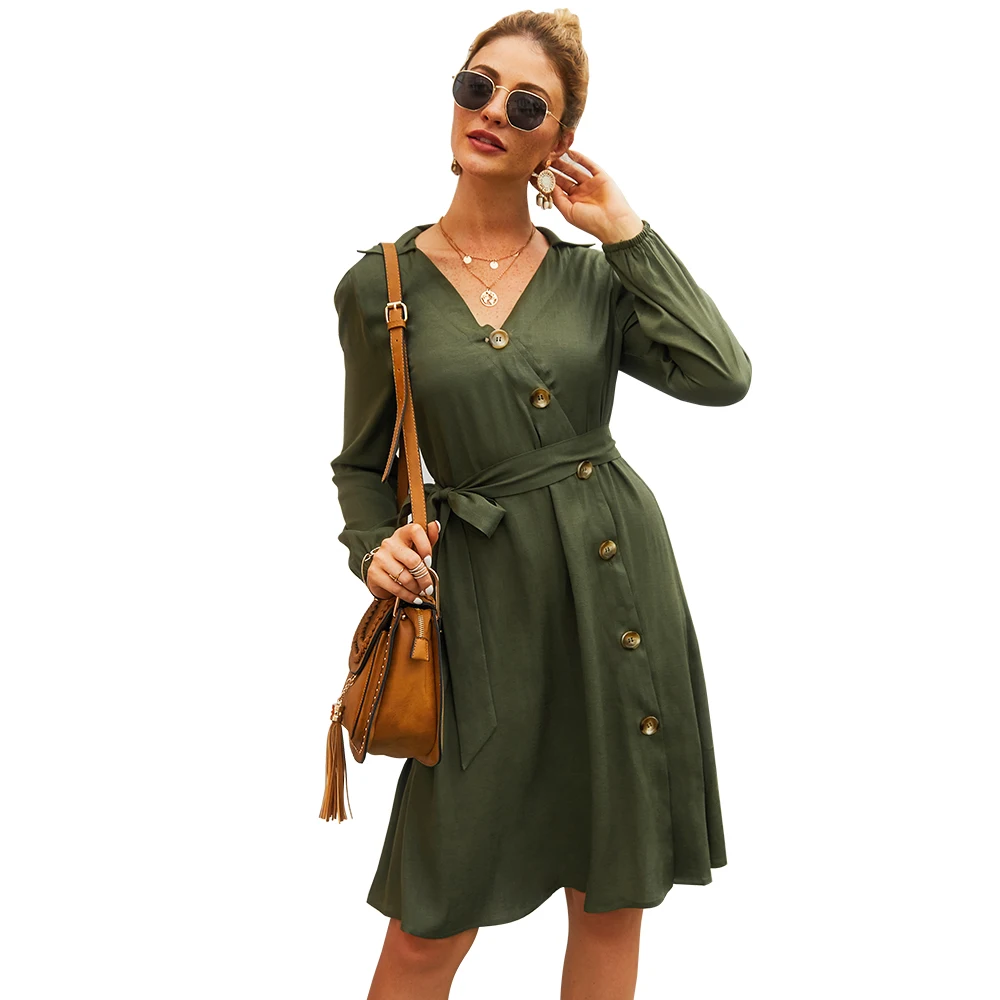 

Женское платье-трапеция на пуговицах, повседневное элегантное офисное платье с поясом, V-образным вырезом и длинным рукавом, 2019