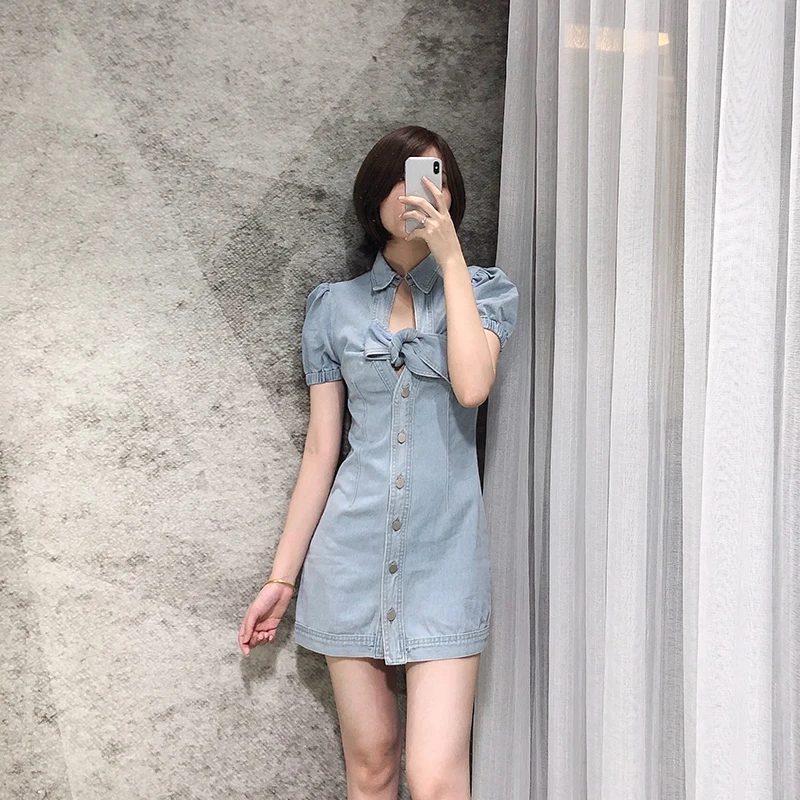 

Женское джинсовое платье, с коротким рукавом и отложным воротником, однотонное, с высокой талией, короткое, однобортное