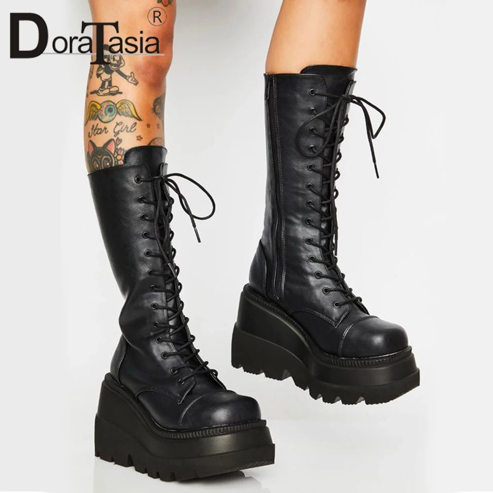 

DORATASIA Big Size 35-43 Brand New women's High Platform Boots Fashion shoelace High Heels Shoes Woman Thick Bottom Wedges Boots