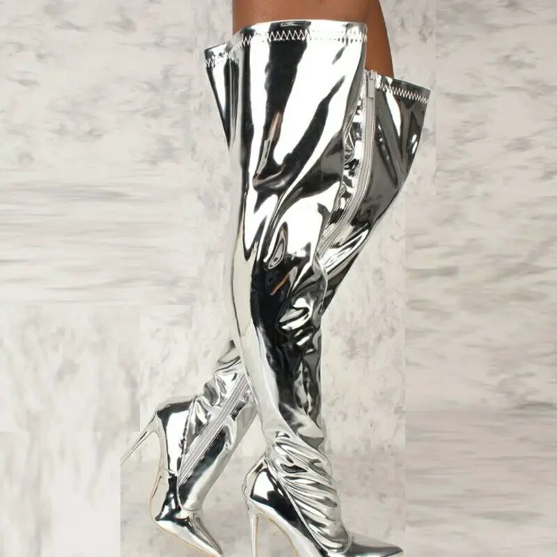 

women's Show Night Club Pointed sexy mirror knee boots Fashion bright Super High Heel slim women's boots big