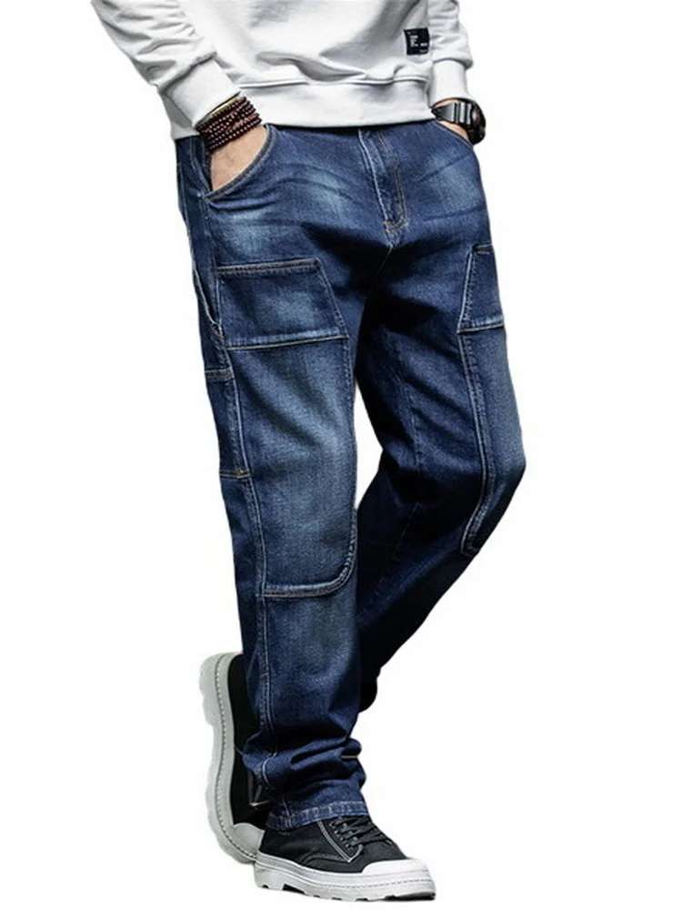Men Jeans Fall Winter Loose Elastic Men Straight Frayed Cat Jeans Patch Denim Pants Size 28-44