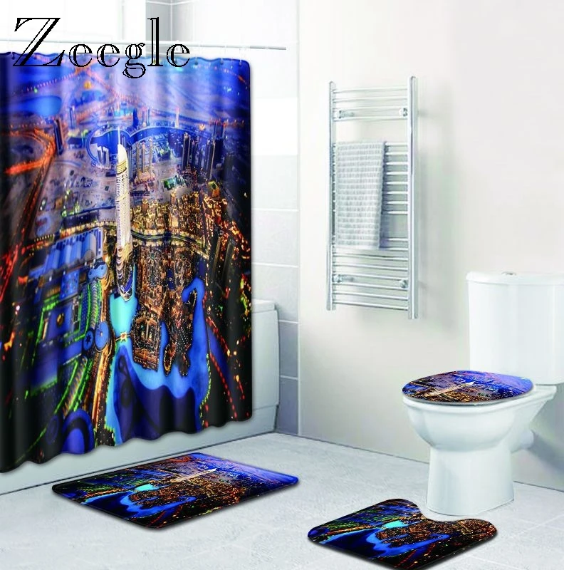 Zeegle коврик для ванной с принтом набор крышкой занавесок унитаза ковриком