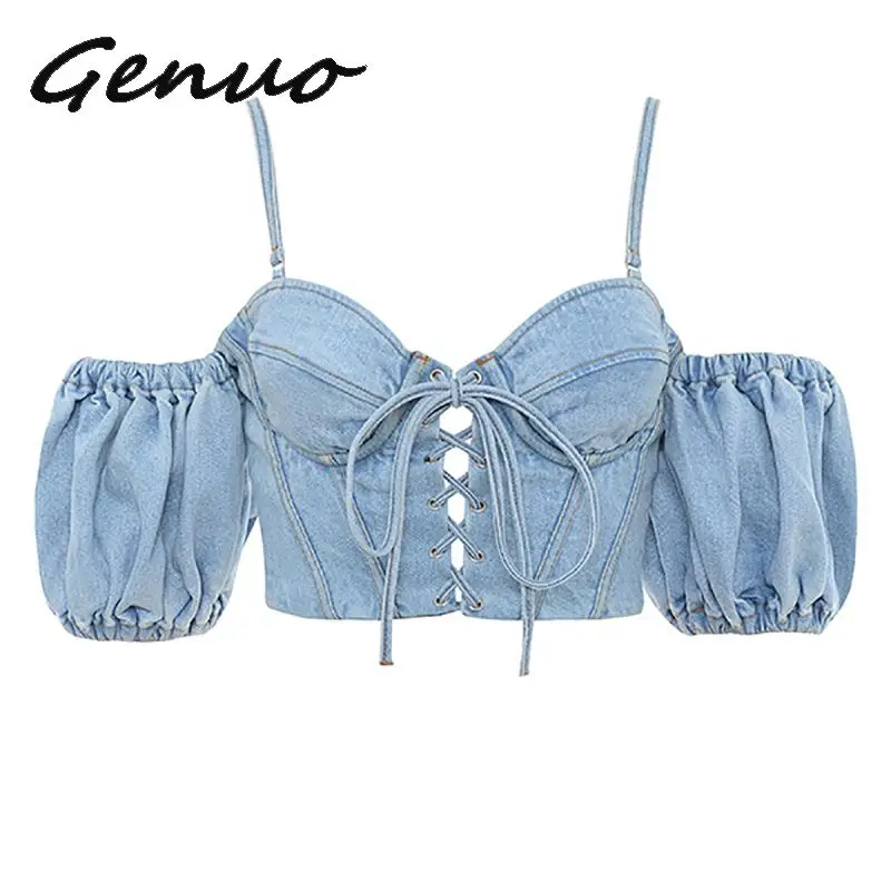 Женская Джинсовая блузка на завязках элегантная голубая с рукавами фонариками