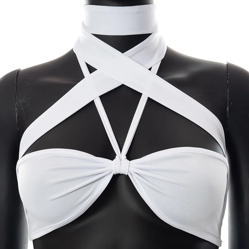 Женский бандажный укороченный топ с лямкой на шее Белый Топ без рукавов вырезом