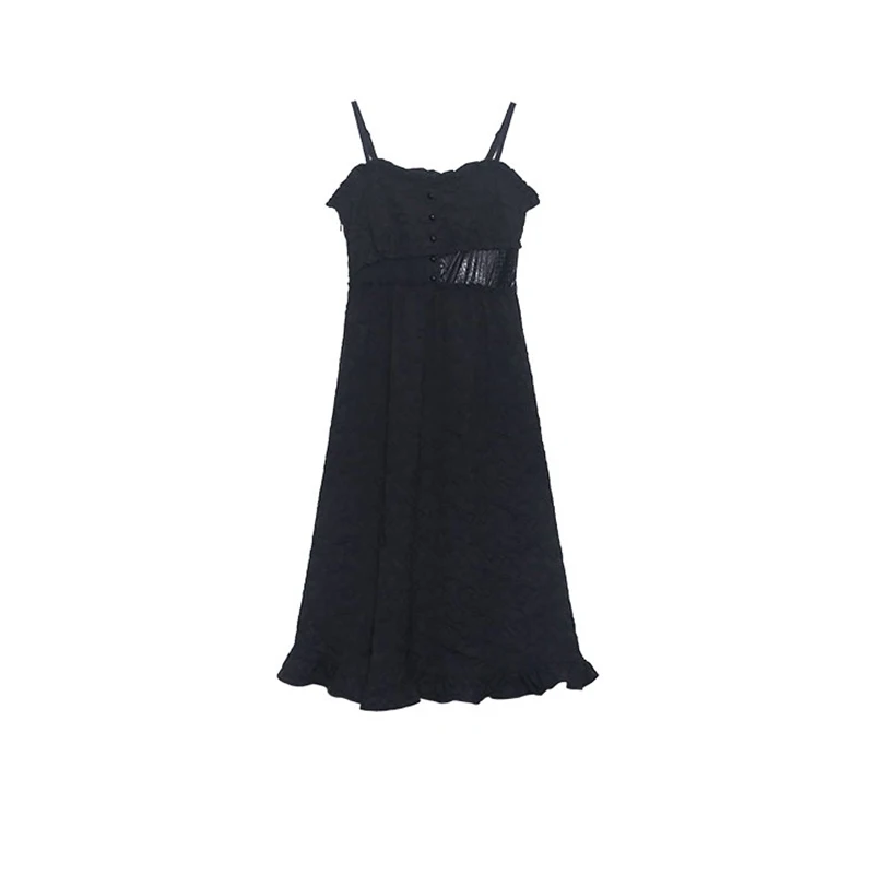 

XITAO Black Sling Dress Splicing Edible Tree Fungus Slit Hew Fashion Loose All-match Women 2021 Summer New Trendy LDD1701