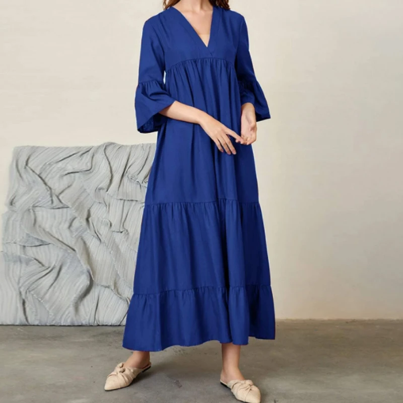 

Dresses Woman Summer 2022 Royal Blue Sweet Loose Robe V-neck Flared Long Sleeve Stacked Folds Elegant Vintange Casual Maxi Dress