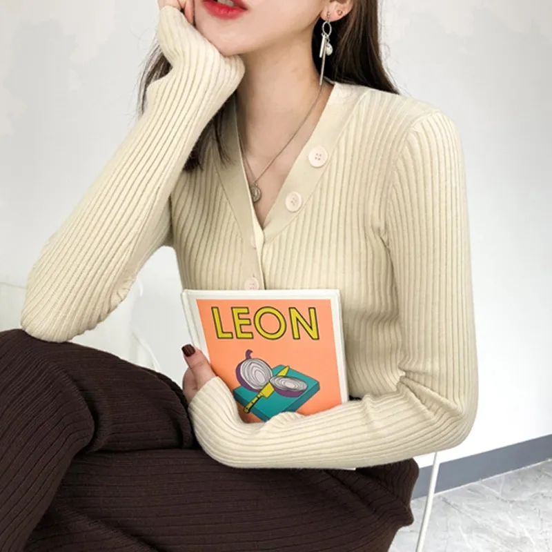 Women Casual V-Neck Sweaters Solid Winter Wear Sexy Ladies Long Sleeve Single Breasted Slim Fit Jumper Clothes | Женская одежда