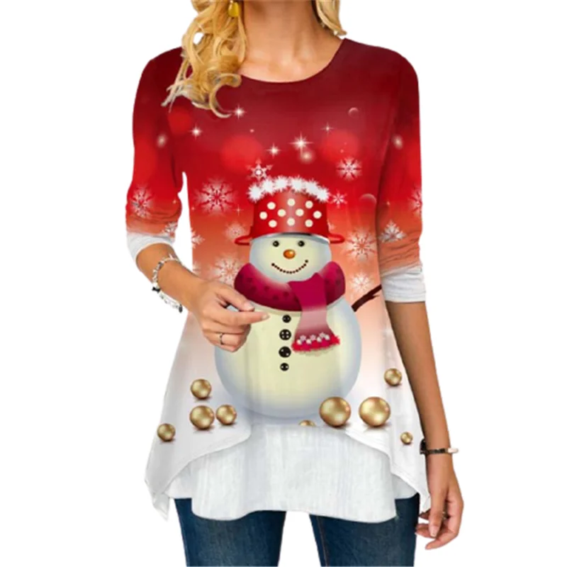 

Women Christmas T-Shirts Christmas Snowman Print Fashion Tee Autumn Winter Festival Tops Long Sleeve Loose T-Shirt Pullovers