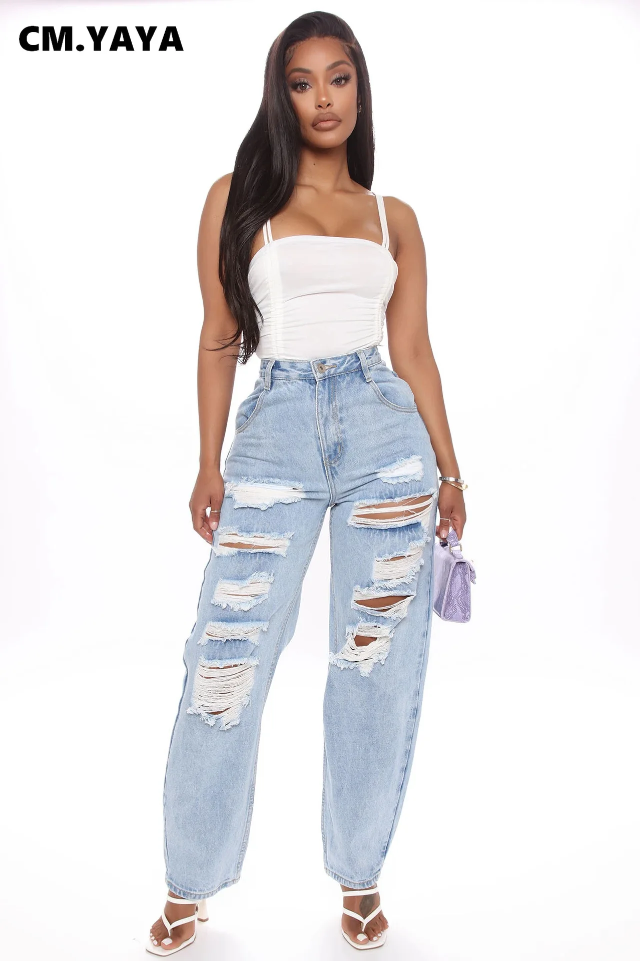 

FAKUNTN Cut Out Hole Washed Denim Pants Women Retro Straight Jeans Trousers Streetwear High Waist Lady Pants