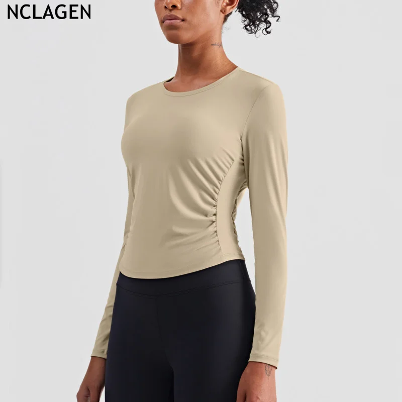 

NCLAGEN Yoga Top Women's Long Sleeve Gym Sport Shirts High Elastic Naked Feel Workout Clothes Running Quick Dry Fitness Blouse