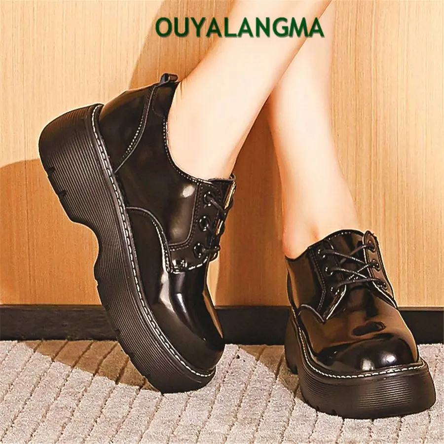 

Punk Goth Creepers Women Cow Leather Round Toe Military Riding Ankle Boots Thick Sole Oxfords Chunky Pumps Lace Up Shoe 34 35 36
