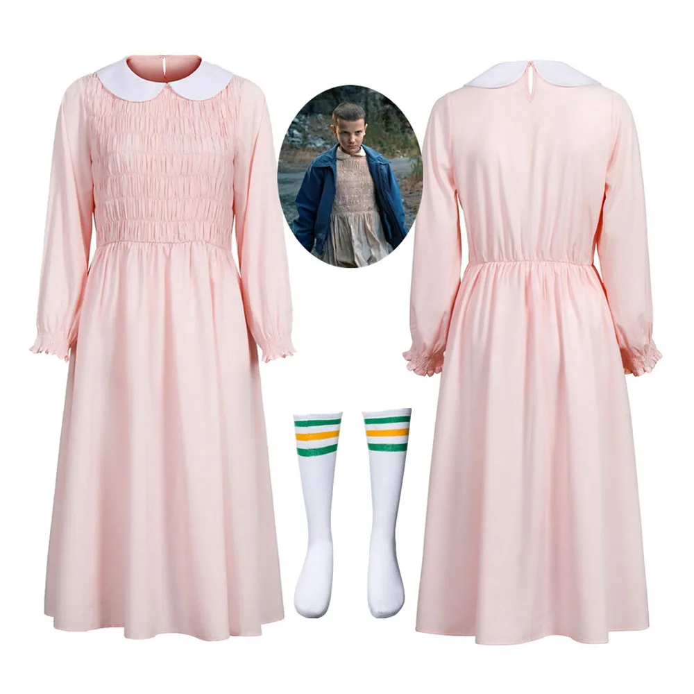 Eleven's Long Sleeve Pink Dress Costume For Stranger Things Halloween Cosplay Women Girl Doll Collar Evening Party Beading Dress