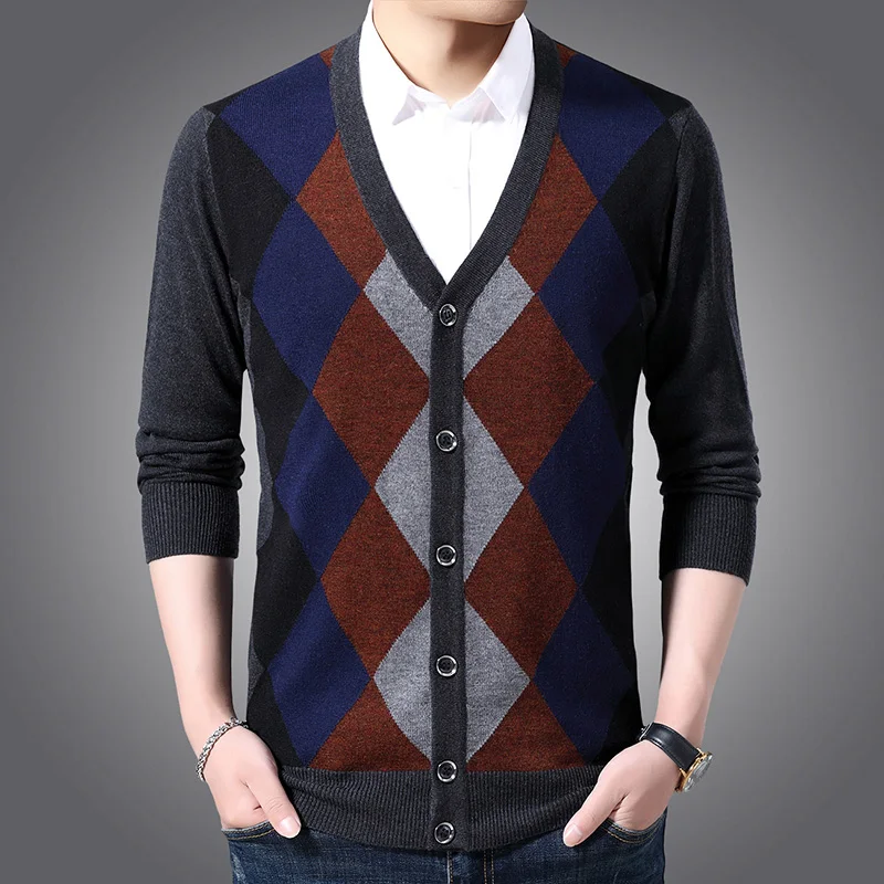 New Fashion Brand 6% Wool Sweaters Mens Cardigan Jumpers Knit V Neck Autumn Patterns Slim Fit Casual Men Clothes - Цвет: Красный