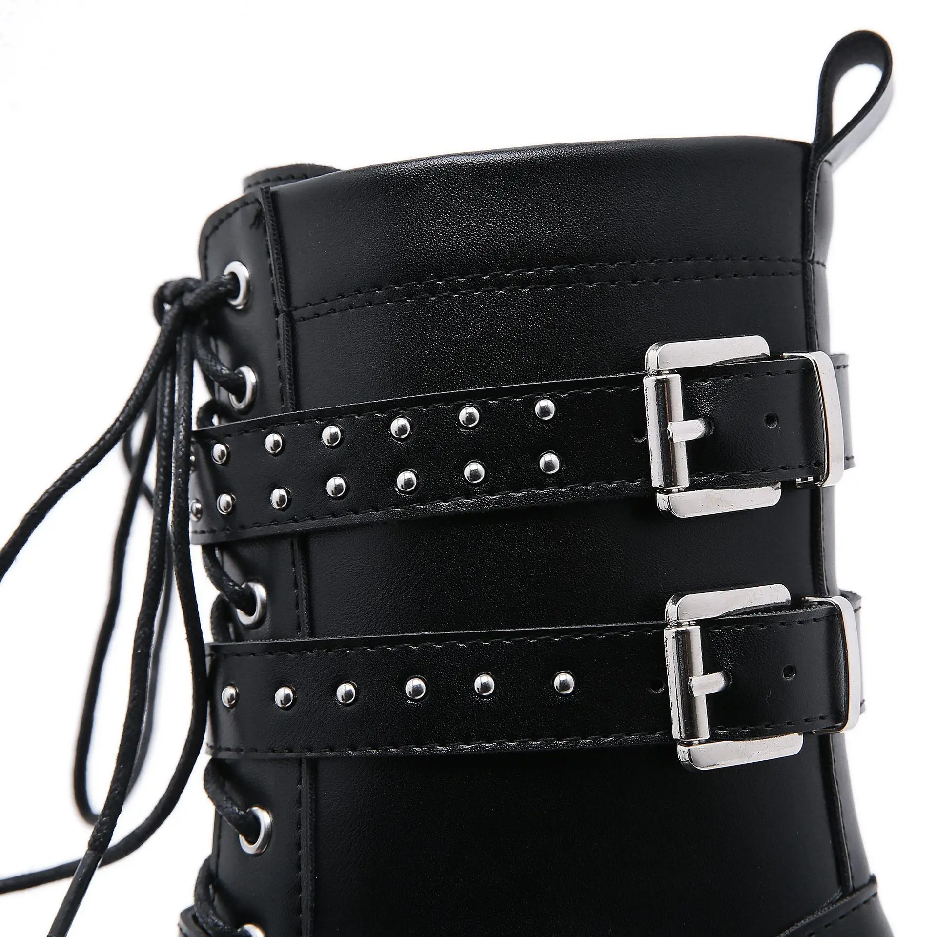 Black Buckle platform Ankle Platform Motorcycle Sexy Boots Women Lace up Chunky Heel Belt Buckle Pocket Designer Shoes Women