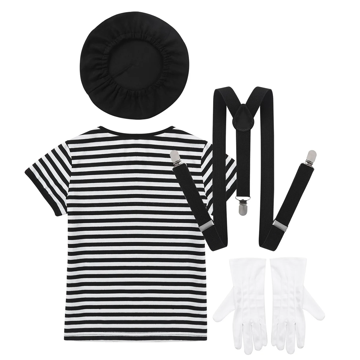 Kid Boys Girls French Mime Artist Fancy Dress Costume Unisex Striped T-Shirt Beret Gloves Suspenders Halloween Cosplay Outfit |