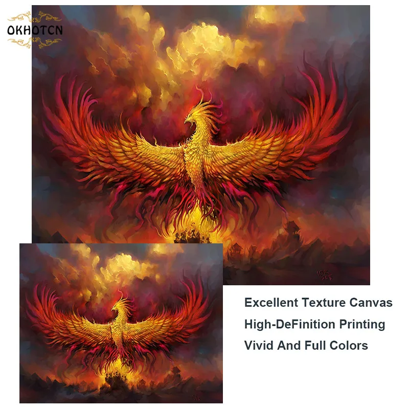 Абстрактная Картина на холсте с изображением восточных фениксов Настенная