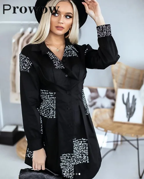 

Prowow Letter Print Turn-down Collar Long Shirts Spring Autumn Female Casual Streetwear Long Sleeve Single Breasted Waist Blouse