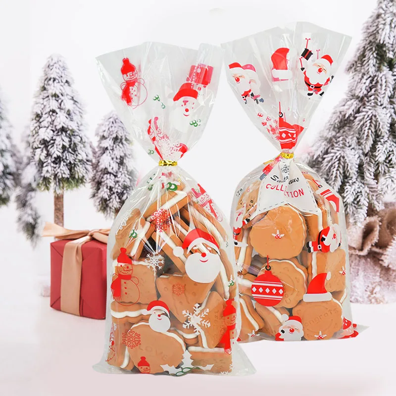 

50pcs Santa Claus Christmas Tree Elk PVC Bags Transparent Clear Gift Bag for Christmas Gift Baking Candy Cookie Packaging Bags