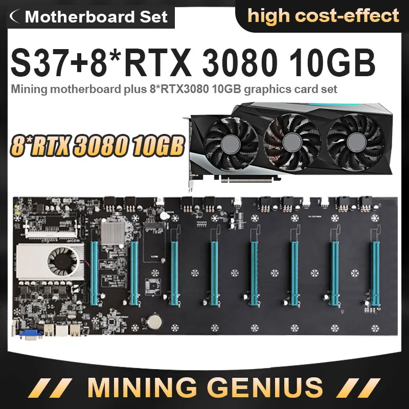 Verkaufen Bergbau Motherboard BTC-S37 Ethereum Bergbau GPU Set Mit 8 * RTX3080 10GB Grafikkarte 8 GPU Bitcoin Crypto Abstand 65mm