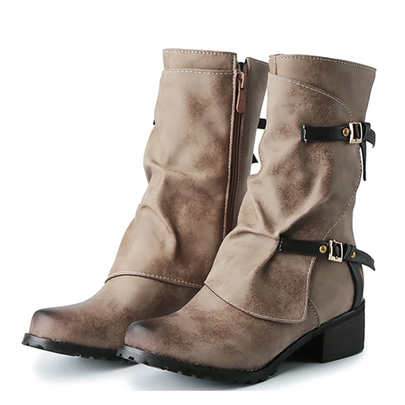 

Женские ботинки на плоской подошве, кожаные ботинки больших размеров до середины икры с круглым носком, на толстом каблуке, с хлопковой ткан...