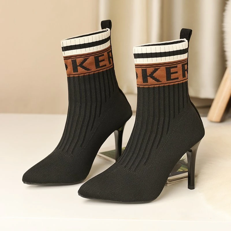 

New Winter Stretch Boots Fashion Pointed High Heels Ankle Boots Comfortable Slip-on Short Boots Women's Sexy Knit Boots