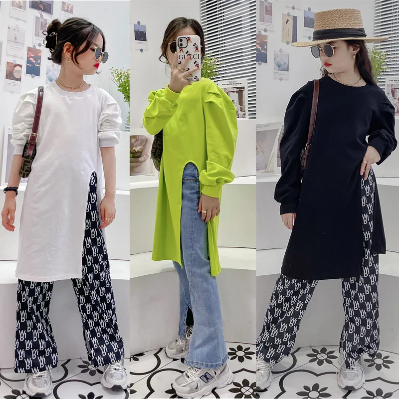 

Girls' bottoming shirt, long puff sleeves, split ends, spring 2021 new girls' T-shirt, western style fashion trend