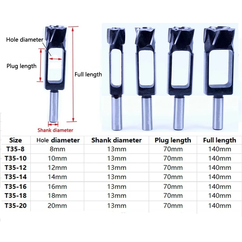 

Tenon Dowel Woodworking Drill Bit Tapered Snug Plug Cutter Hole diameter 8mm-20mm