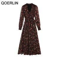 qoerlin long dress women v neck sashes high waist floral dress elegant zipper chiffon dresses female long sleeve spring autumn