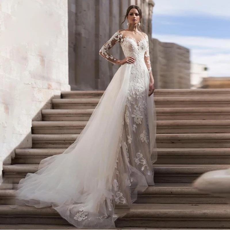 

Long Sleeve Detachable Train Wedding Dress Sweetheart Appliques Lace Mermaid Princess Bride Gown Vestido De Noiva
