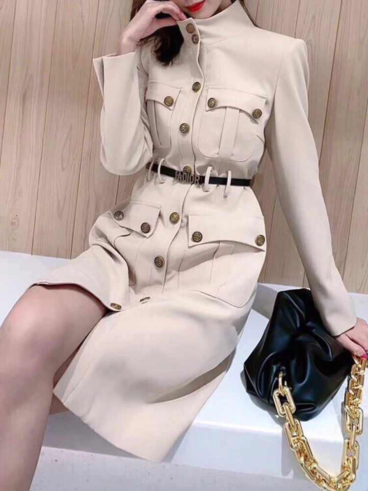 

Free shipping tooling style metal button pocket decoration strap waist straight dress ladies autumn new style all-match