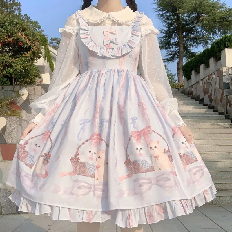 

Kawaii Lolita Dress Women Girls JSK Lolita Kawaii Cute Cats Tea Party Dresses Ruffles Cosplay Spring Summer Slip Dress Vestidos
