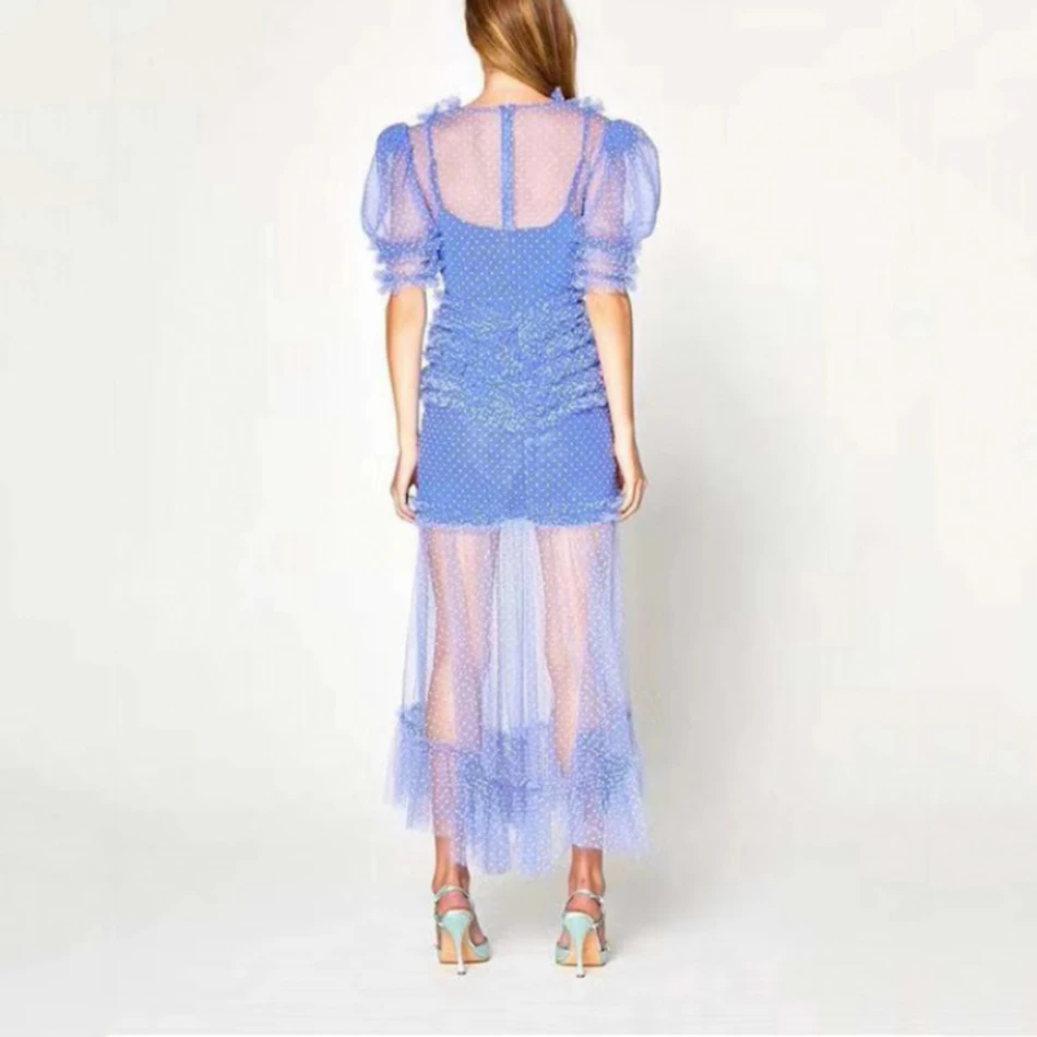 

Ailigou 2021 New Women'S Perspective Lace Polka Dot Dress V-Neck Short Sleeve High Waist Sexy Nightclub Party Dress Vestidos