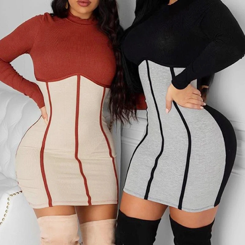 

Women Sexy Long Sleeve Turtleneck Contrast Color Ribbed Knit Bodycon Mini Dress H9ED