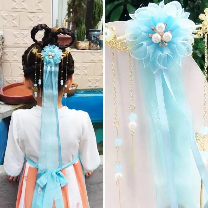 

New children's Hanfu with accessories, ancient style girl's head and tail clip, big streamer, headdress, super fairy clip