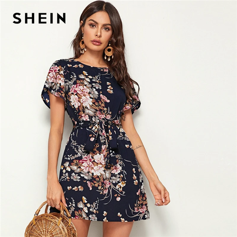 SHEIN темно-синее платье с цветочным принтом, рукав-лепесток, туника с поясом, женское летнее платье с коротким рукавом, прямые богемные короткие платья