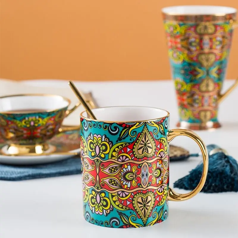 Кофейные кружки из костяной фарфора Чайные чашки Порцелан Милые Большая вместимость 500 мл Посуда в бохемском стиле Подарок на день рождения.