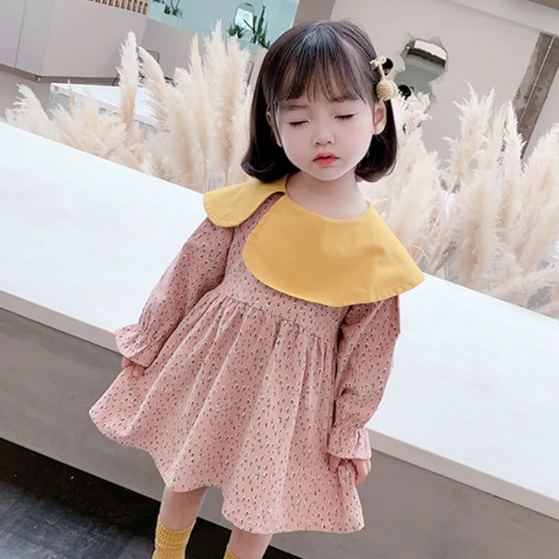 

DFXD 2020 Toddler Girl Autumn Dress Korean Style Cotton Long Sleeve Floral Print Bow A-line Dress Fashion Girls Party Dress 1-7Y