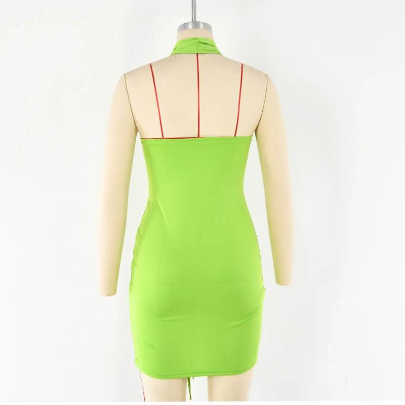

Tossy Green Halter Summer Dress For Women 2021 Ruched Fold Drawstring Mini Dress Sexy Beach Party Wear Backless Slim Bodycon