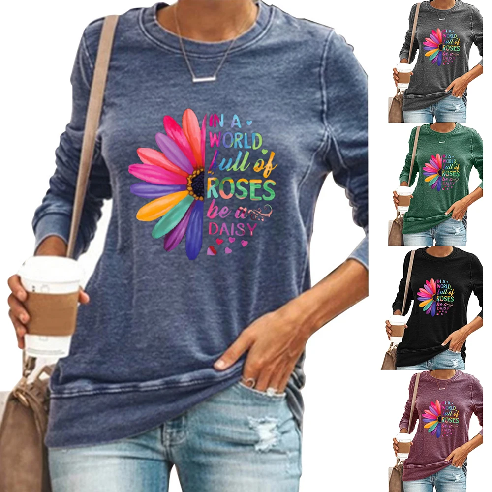 

VICABO T Shirt for Women Long Sleeve Colorful Letter Printed Baggy T-Shirt Casual Loose Fit Round Neck Ladies Tops Plus Size