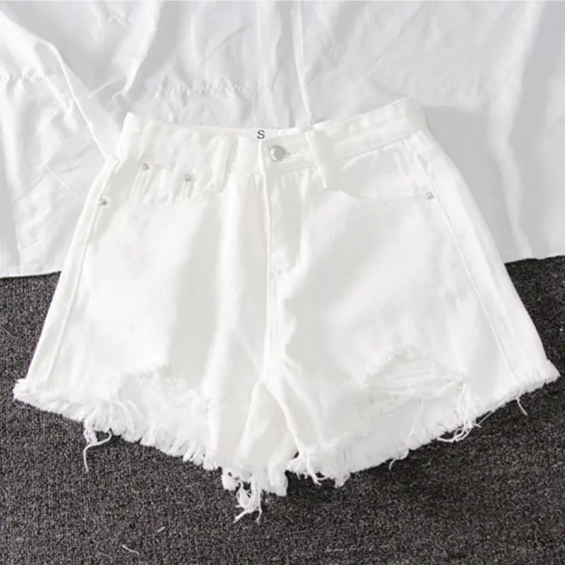 

2021 New Summer Women Wide Leg Hole Black Denim Shorts Casual Female Streetwear Loose Solid Color White Jeans Shorts