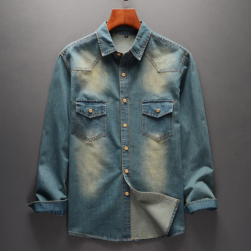 

Мужская джинсовая рубашка, деловая Повседневная хлопковая рубашка с длинным рукавом, в стиле ретро, весна-осень, 2021