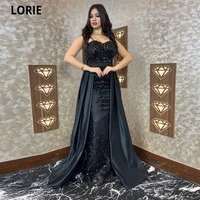 lorie black long prom dresses evening dress with detachable train v neck appliques beads mermaid formal gowns robes de soir%c3%a9e