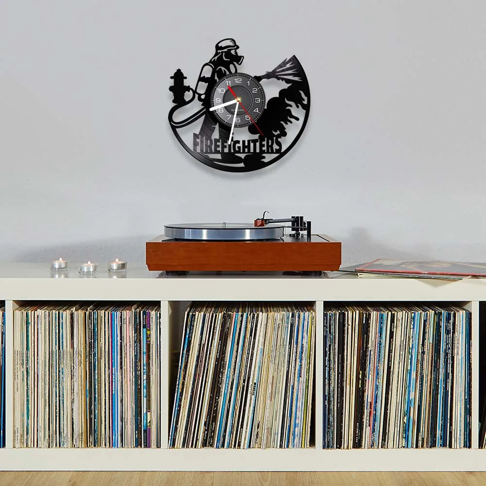 

Firefighter Outfiring Wall Clock Made Of Real Vinyl RecordFire Hydrant Helmet Uniform LED Backlight Wall Watch Gifts To Firemen