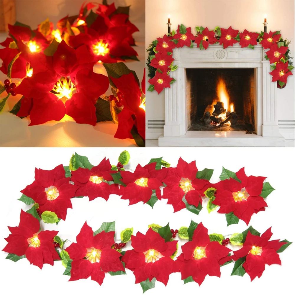 

Poinsettia Christmas Wreath Flowers String LightsXmas Wedding Garden Door Decor For Xmas Party Home Living Room Hanging Decor