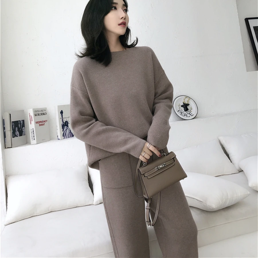 Autumn Winter Knitted Set Women Thick Warm O-Neck Loose Knit Suit Slim Pocket Harem Pants Oversized Casual Elegant Black Clothes