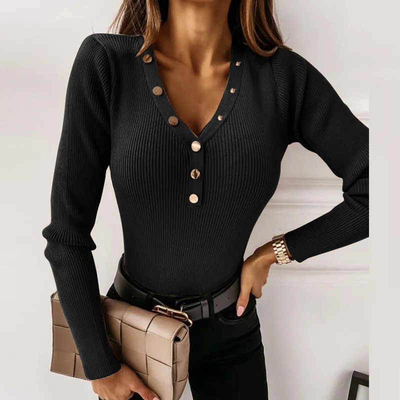 

Ажурная пикантная блузка с металлической цепочкой, рубашка, Осенний вязаный пуловер в рубчик с длинным рукавом, топы, женская элегантная оф...